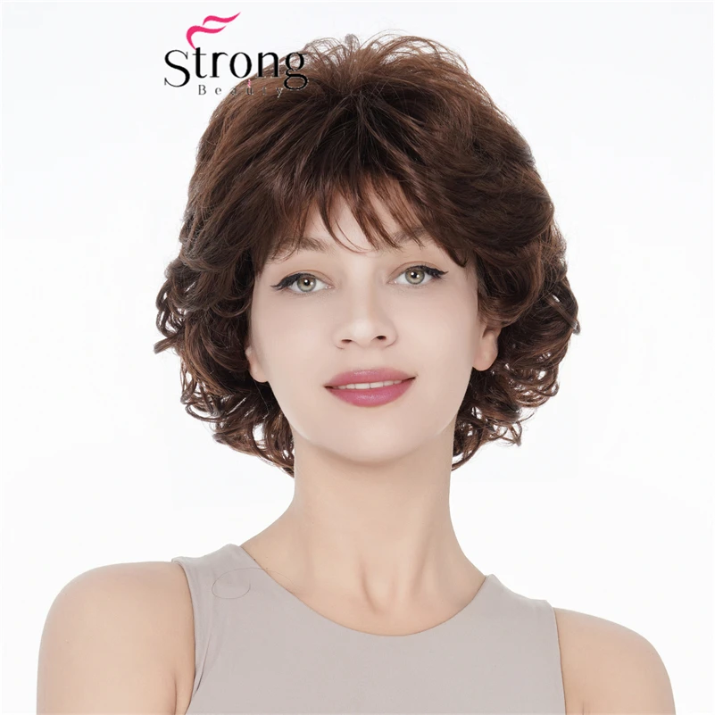 Short Wavy Auburn,Brown ,Synthetic Hair Full wig Women's Thick Wigs