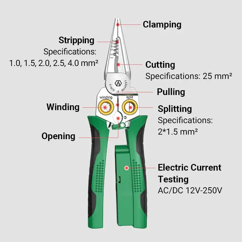 Multi-Functional Wire Stripper Scissors, Electricity Wire Stripper, Cabo de corte com alicate elétrico, 8 em 1