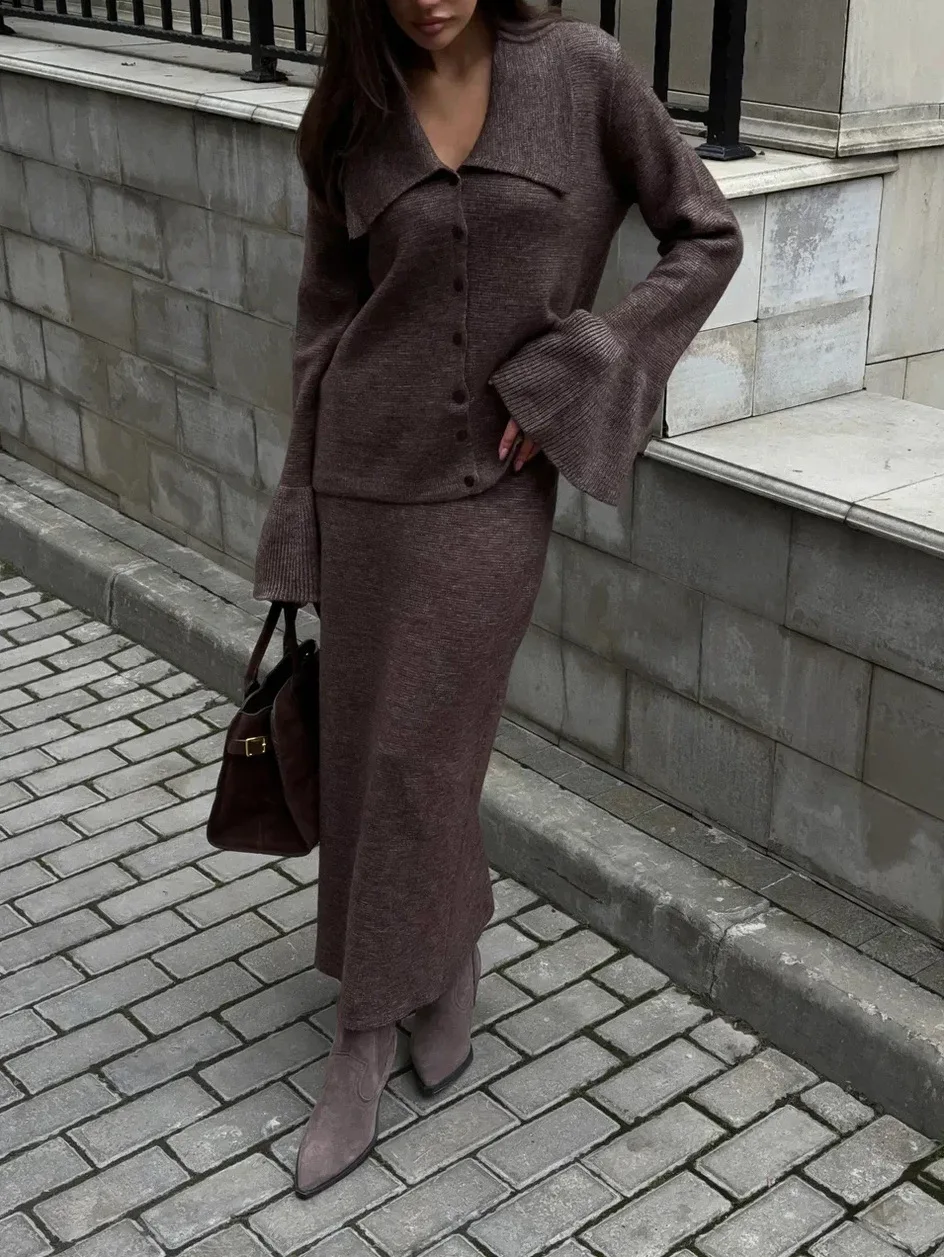 

Осенние винтажные однотонные вязаные длинные юбки, комплекты женских элегантных модных однобортных свитеров с отложным воротником и длинными рукавами, кардиган