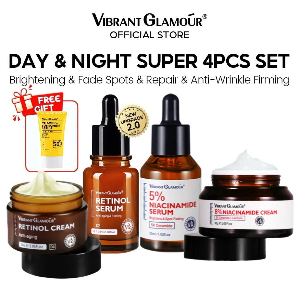 VIBRANT GLAMOUR Skin Care Set Double Retinol Niacinamide 5X Ceramide Whiten Anti Aging Reduce Melasma Glowing Moisturizer 4Pcs