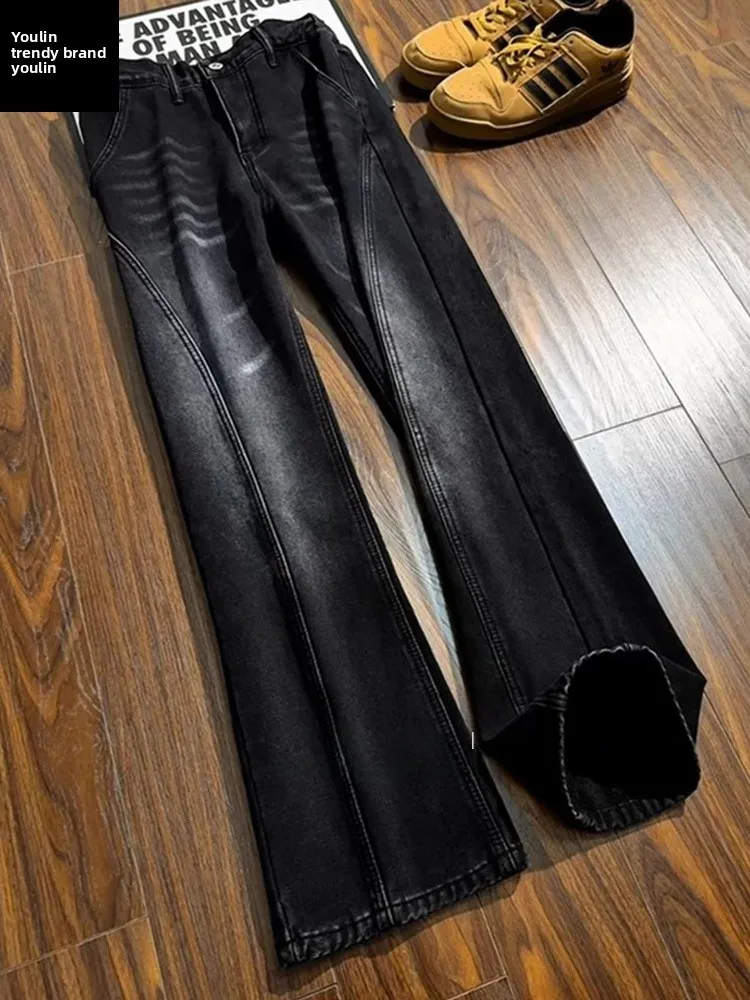 

Men's Bla Slanted Cut Thiened Fce Denim Jeans American High Street Sle Slimming Knife Flared Pants