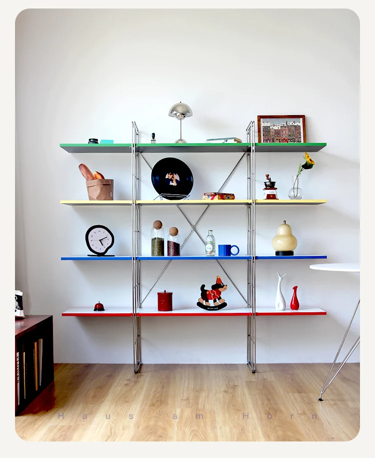 رف تخزين متعدد الطبقات من الفولاذ المقاوم للصدأ في العصور الوسطى، رف عرض منزلي ممتد من الأرض إلى السقف