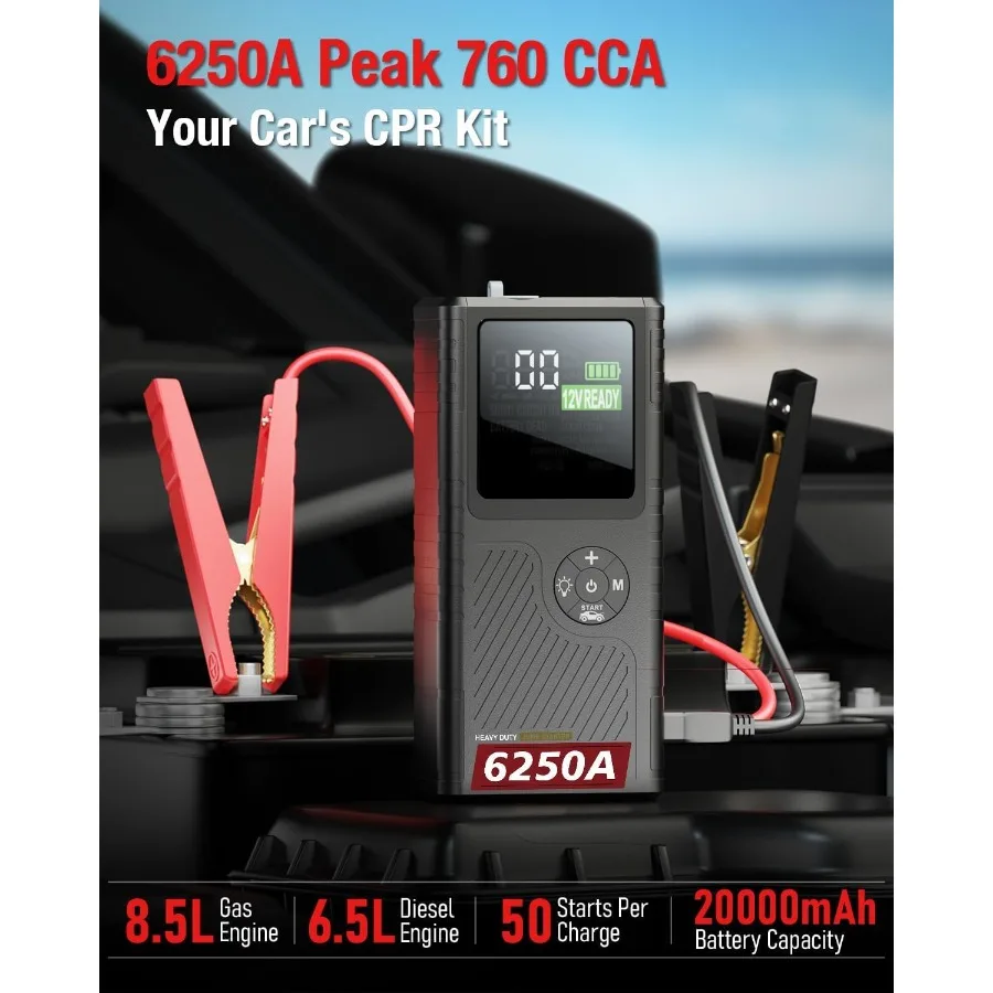 CS02 6250A Peak Jump Starter مع ضاغط هواء 20000 مللي أمبير في الساعة بطارية لمركبة الطوارئ تبدأ 8.5 لتر غاز و6.5 لتر ديزل Ti #2