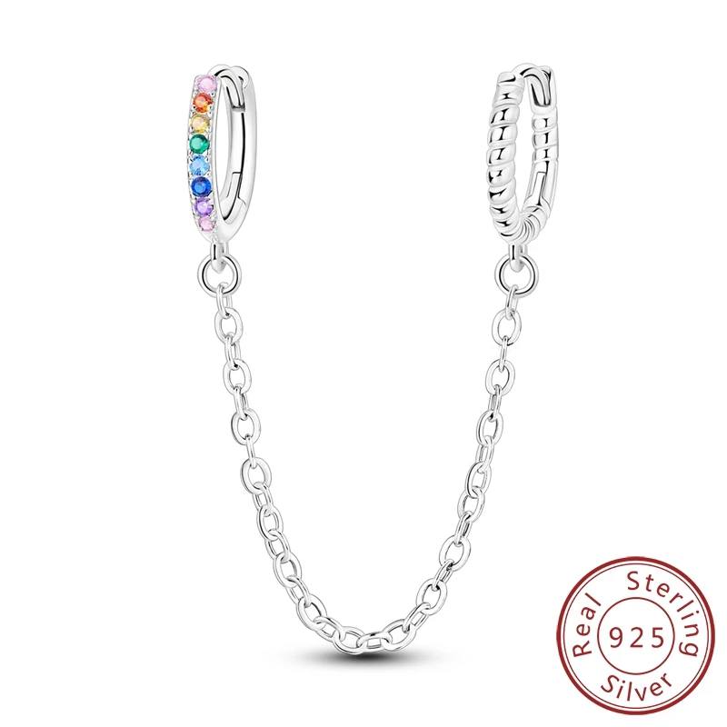

Amazing 100% 925 Sterling Silver Colorful Threaded Double Ring Chain Single Earrings Personalized Girls Jewelry Matching