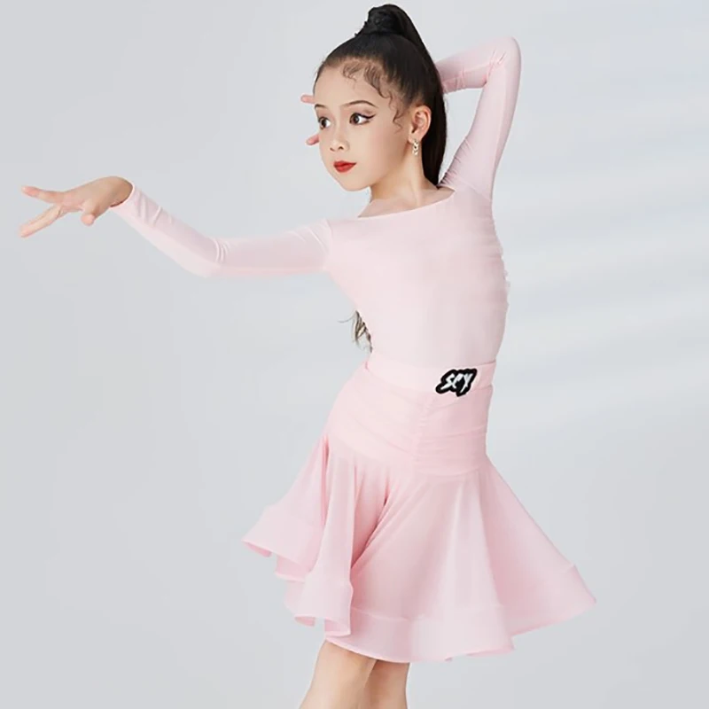

Kids Girl Latin Dance Pink Long Sleeve Bodysuit and Fishbone Flared Skirt Rumba Training Ballroom Dancewear Competition Costume