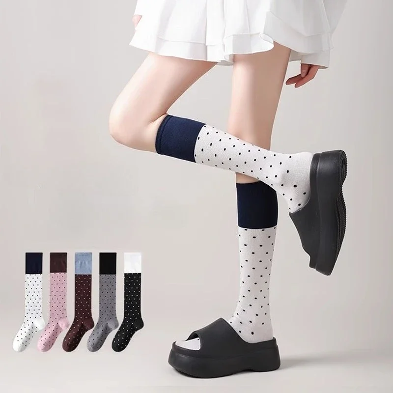 

Женские чулки в горошек, вязаные хлопковые гольфы до колена в стиле колор-блок, длинные носки в стиле JK для школьниц