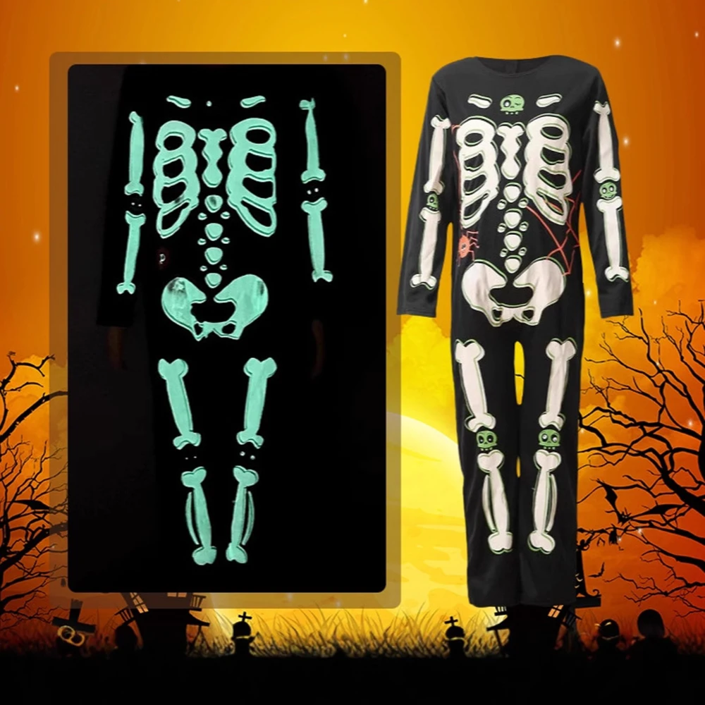 

Boys Girls Teen Luminous Black Skeleton Jumpsuit Noctilucent Children's Halloween Cosplay Costume Zombie Ghost Vampire Bodysuits