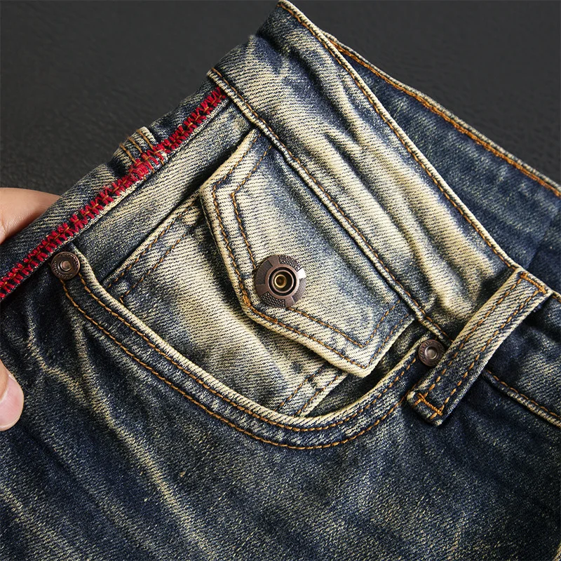 جينز عالي الجودة للرجال، مقاس نحيف مغسول بالحنين الأمريكي القديم، سروال صغير مستقيم مرن للخريف والشتاء عصري