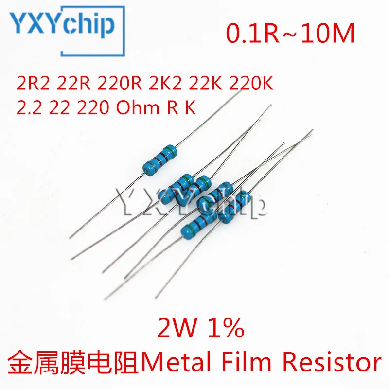 20pcs 2W Metal Film Resistor 2R2 22R 220R 2K2 22K 220K 2.2 22 220 Ohm R K Accuracy 1% 0.1R-10M Five-Color Ring Resistance