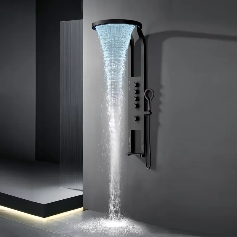 Matte Black Round LED Ambient Light Shower Panel 4 Functions Body Jets Dual Storage Shelves Wall Mounted Bathroom Shower