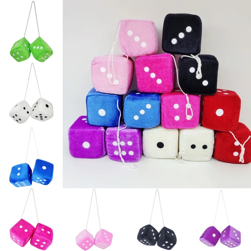 1pair New Three-Dimensional Car Pendant Square Dice Multicolor Rearview Mirrors Dangle Plush Hanging Ornament