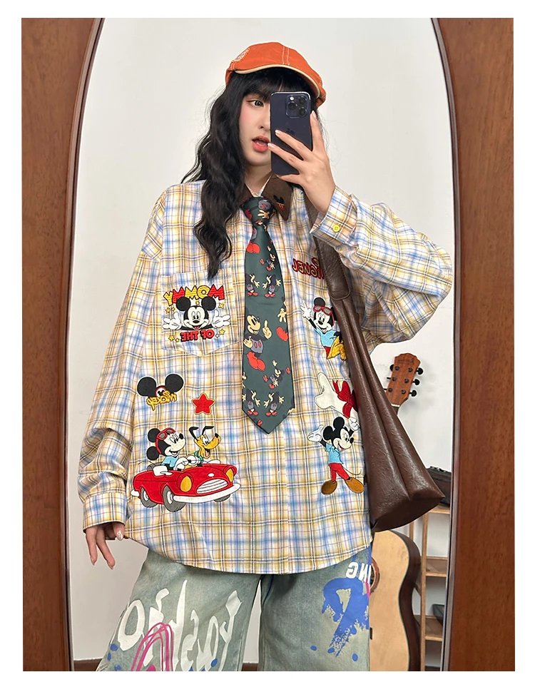 Retro Long Sleeve Casual Shirt with Cartoon Embroidery Loose Mid-Length Top Yellow Plaid Women Tops 2025 Autumn New