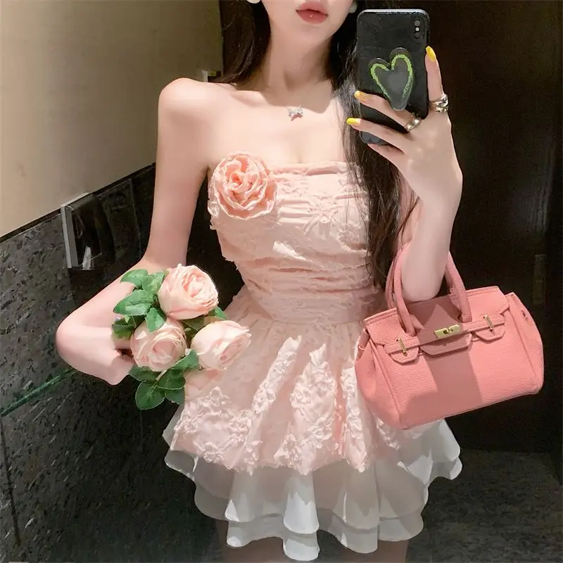 Women's Floral Jacquard Bandeau Set Summer Two Piece Outfit Elegant Tube Top High Waist Midi Skirt Suit