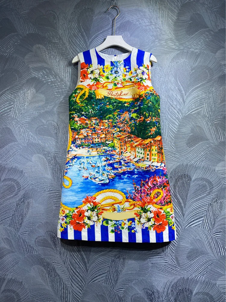 Fashion Sicilian Women Tank Dress Summer Classic Printing Mini Vestidos Jacquard Beach Holiday Lady