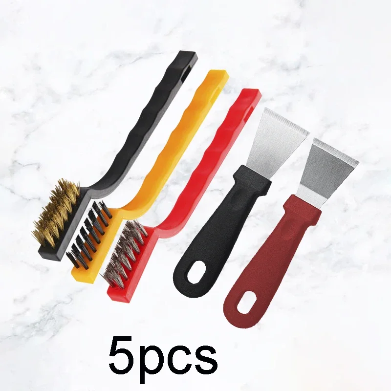 5-Piece Kitchen Cleaning Brush Set with Gas Stove Scraper and Wire Brush for Oil and Dirt Removal on Range Hood and Cooktops