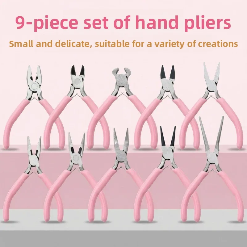 4.5 Inch Jewelry Pliers Set 9 Piece with Diag Flat Bent Round End Cutter Needle Nose Pliers Tool Kit
