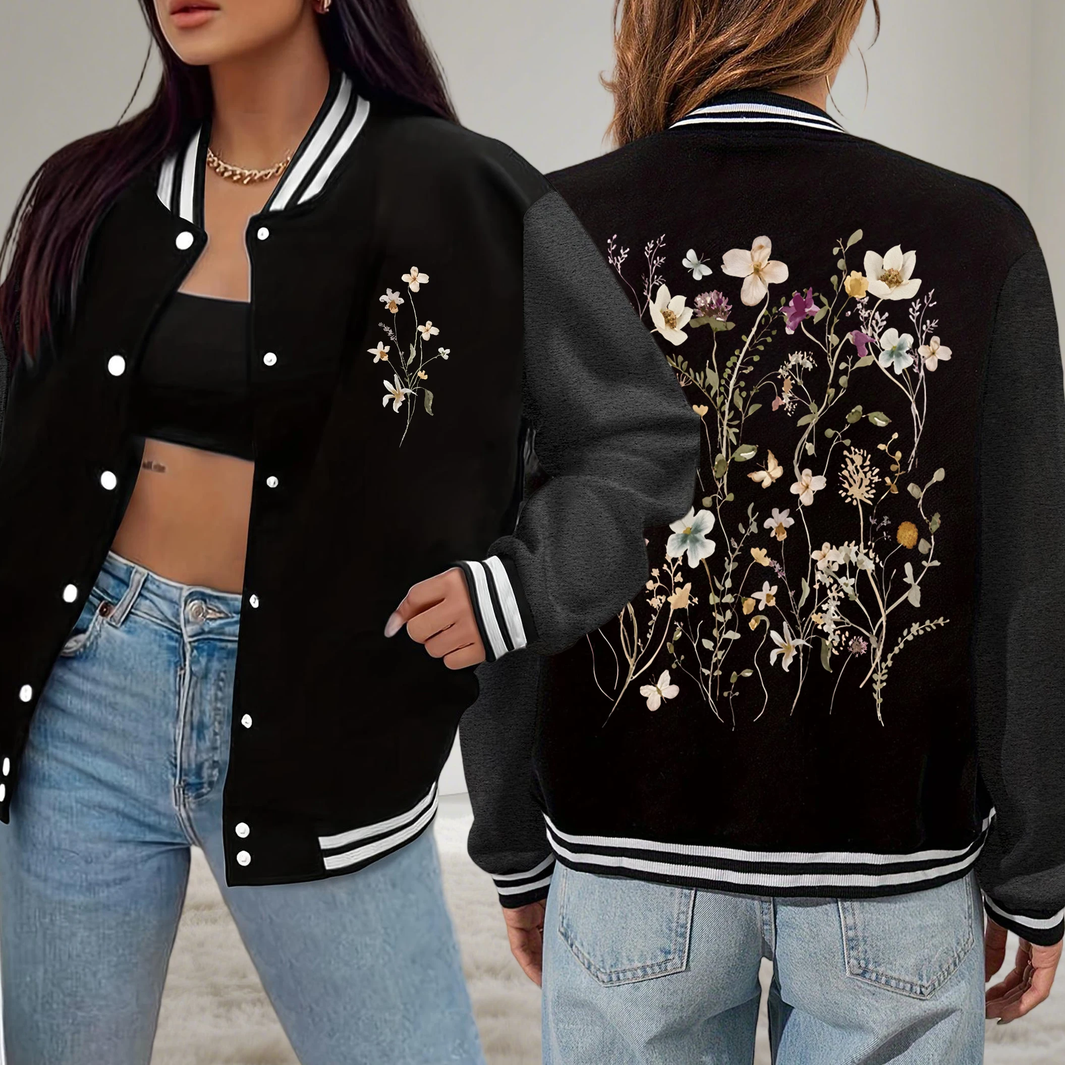 

Beautiful Flower Clusters Print Women Baseball Uniform Autumn Fleece Jacket Casual All-Match Streetwear Button Loose Clothes