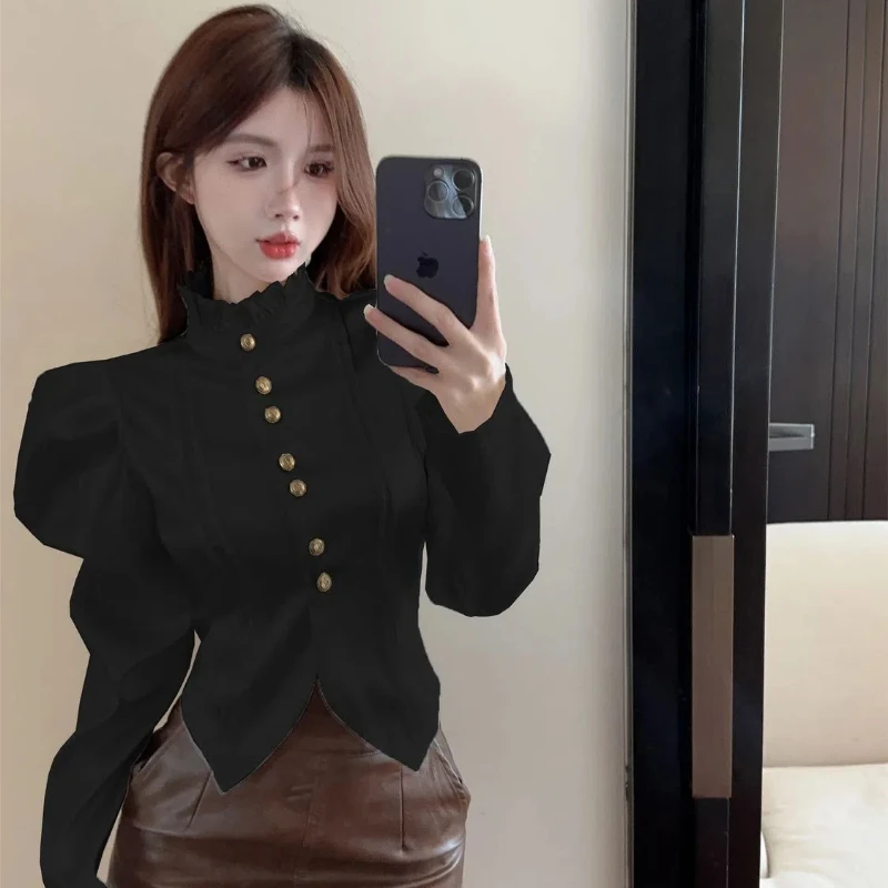 Spring Autumn Elegant Long Sleeve Standing Neck French Bubble Sleeve Solid Pleated Commuter Chiffon Blouse Fashion Woman Shirt