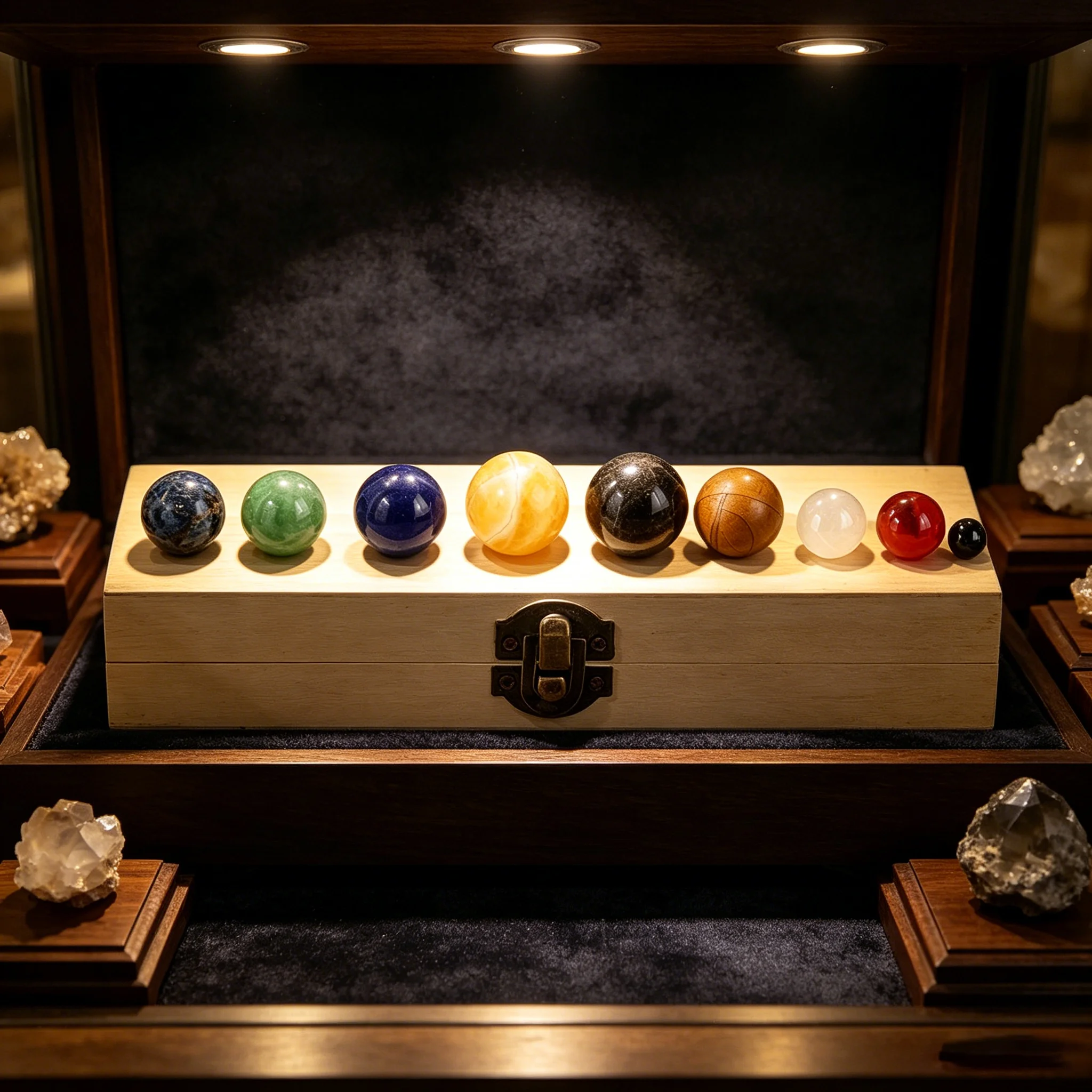 8 Planeten Naturkristall-Kugel-Set Massivholz-Aufbewahrungsbox Kosmische Planetensteine Meditation Heilung Desktop Sammlerstück Geschenk – Detail 6