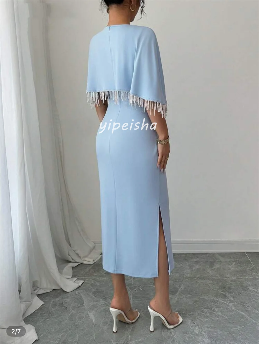 Abiti da cerimonia su misura con scollo rotondo dritto in jersey di moda stile moderno personalizzato con nappe e pieghe, abiti da cerimonia su misura abbinati
