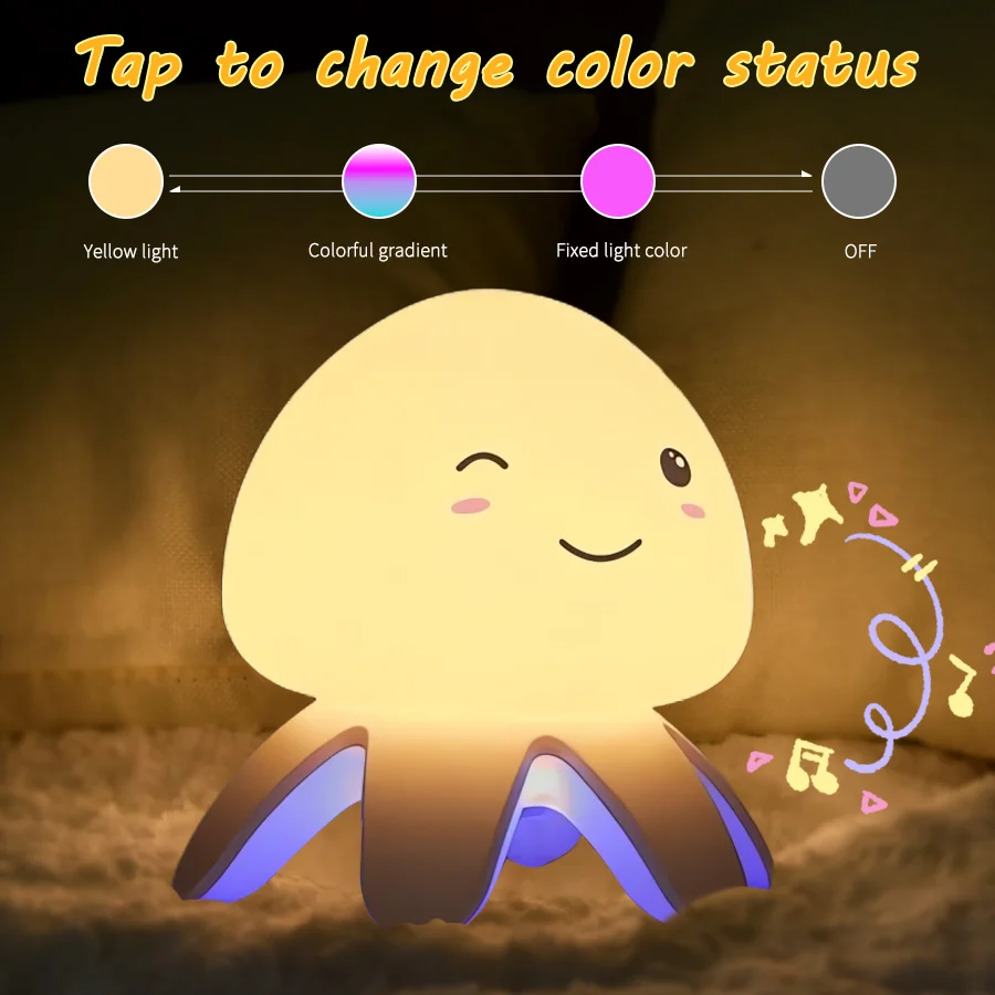 Adjustable LED Cute Octopus Night Light Indoor Bedroom Night Light Adjustable Color Releasing Music Children's Birthday Gift