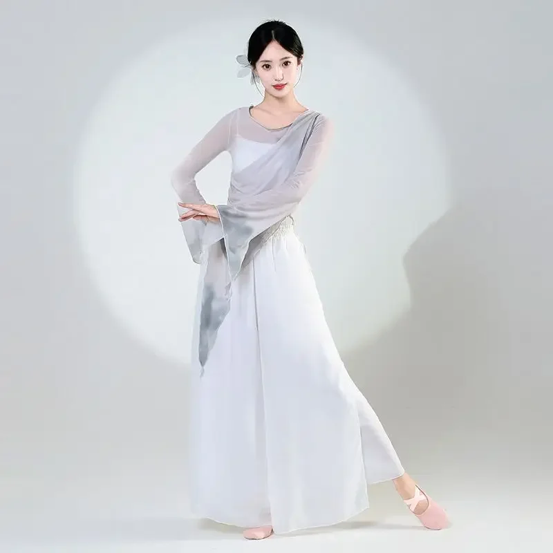 Traditional Chinese Dance Costume Gray Sheer Gradient Top White Culottes Improved Modern Hanfu Classical Dance Costumes