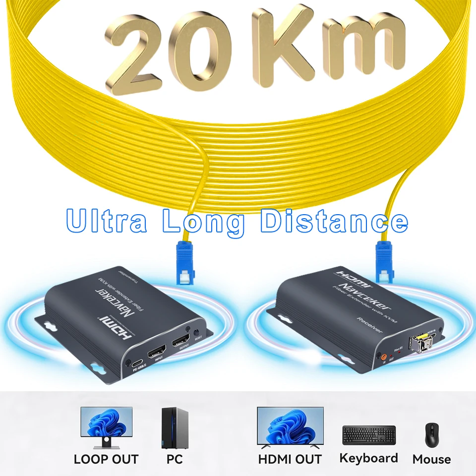 Navceker 20Km HDMI Fiber Optic USB KVM Extender Video Transmitter Receiver Over LC Fiber Cable Extender For mouse keyboard PC