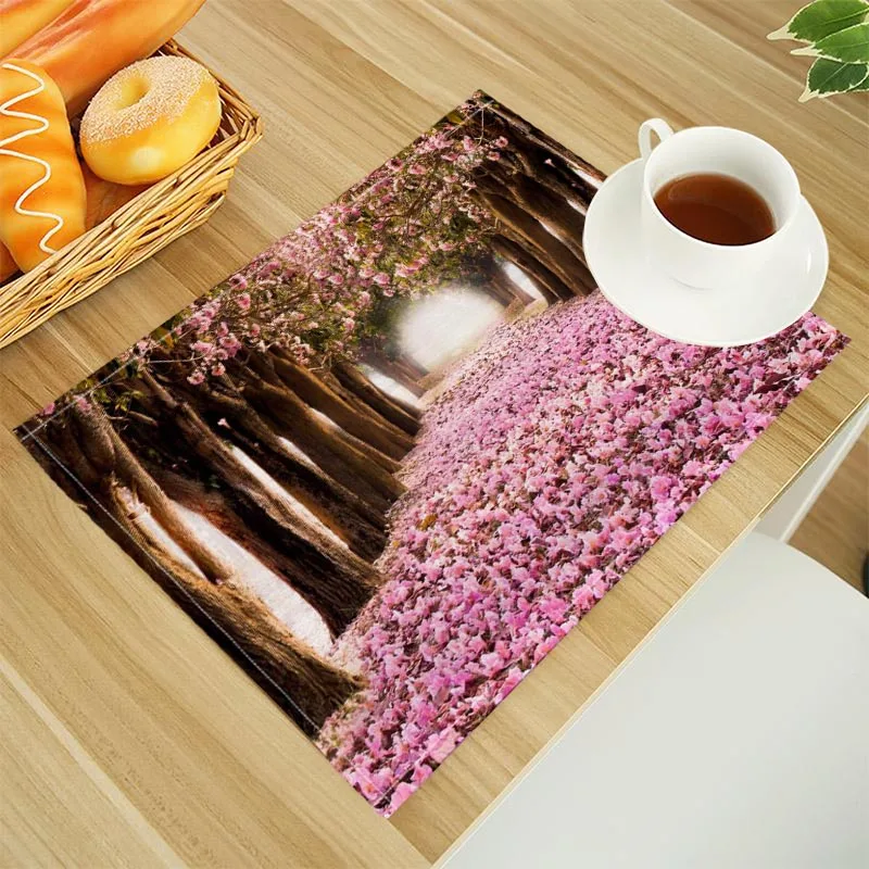 

3D Nature Landscape Placemat Pink Flower Linen Fabric Table Mats Family Dinner Tableware Kitchen Table Mat 32X45cm