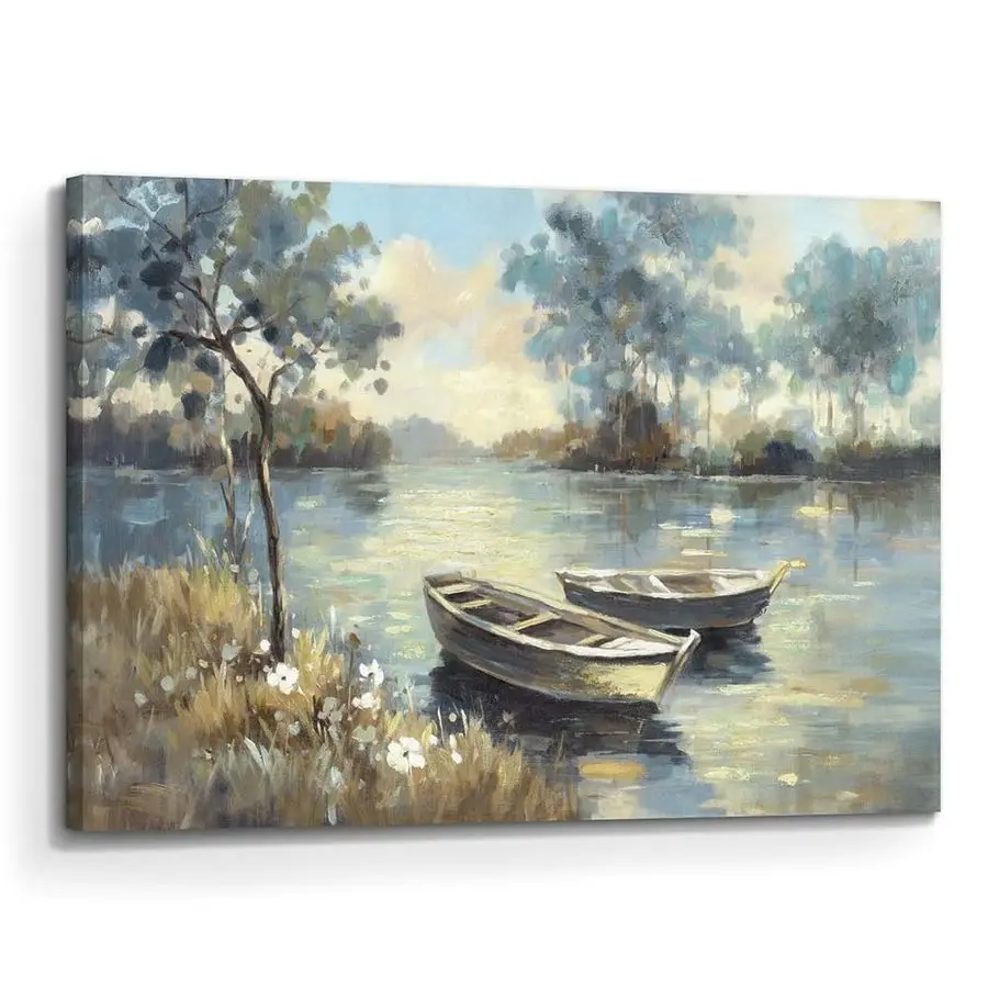 

Поточный дизайн Озеро Лодка Холст Настенное искусство Природа Пейзаж Картина Ручная роспись Абстрактный закат Лесной пейзаж Печать Деко