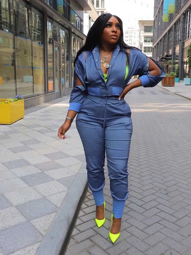 

2 Piece Denim Set Women Autumn Winter Long Sleeve Zipper Top with Elastic Waist Jeans Casual Denim Sets Wholesale Dropshipping