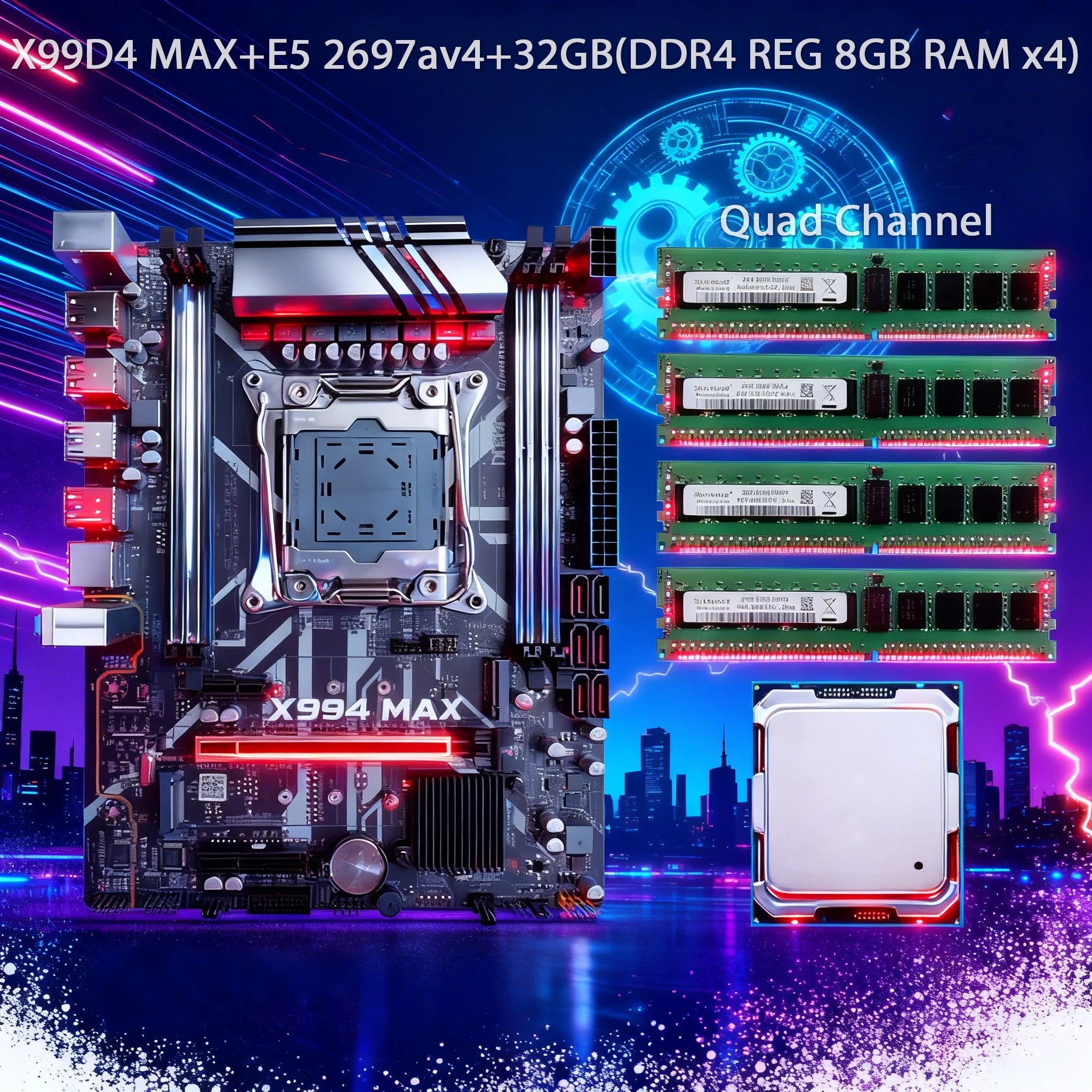 

X99 Motherboard Kit with LGA2011-3 Xeon E5 2697AV4, DDR4 32 GB (4*8GB) 2400 MHz RAM, Quad Channel NVMe M.2, NGFF M.2 SATA3.0*6