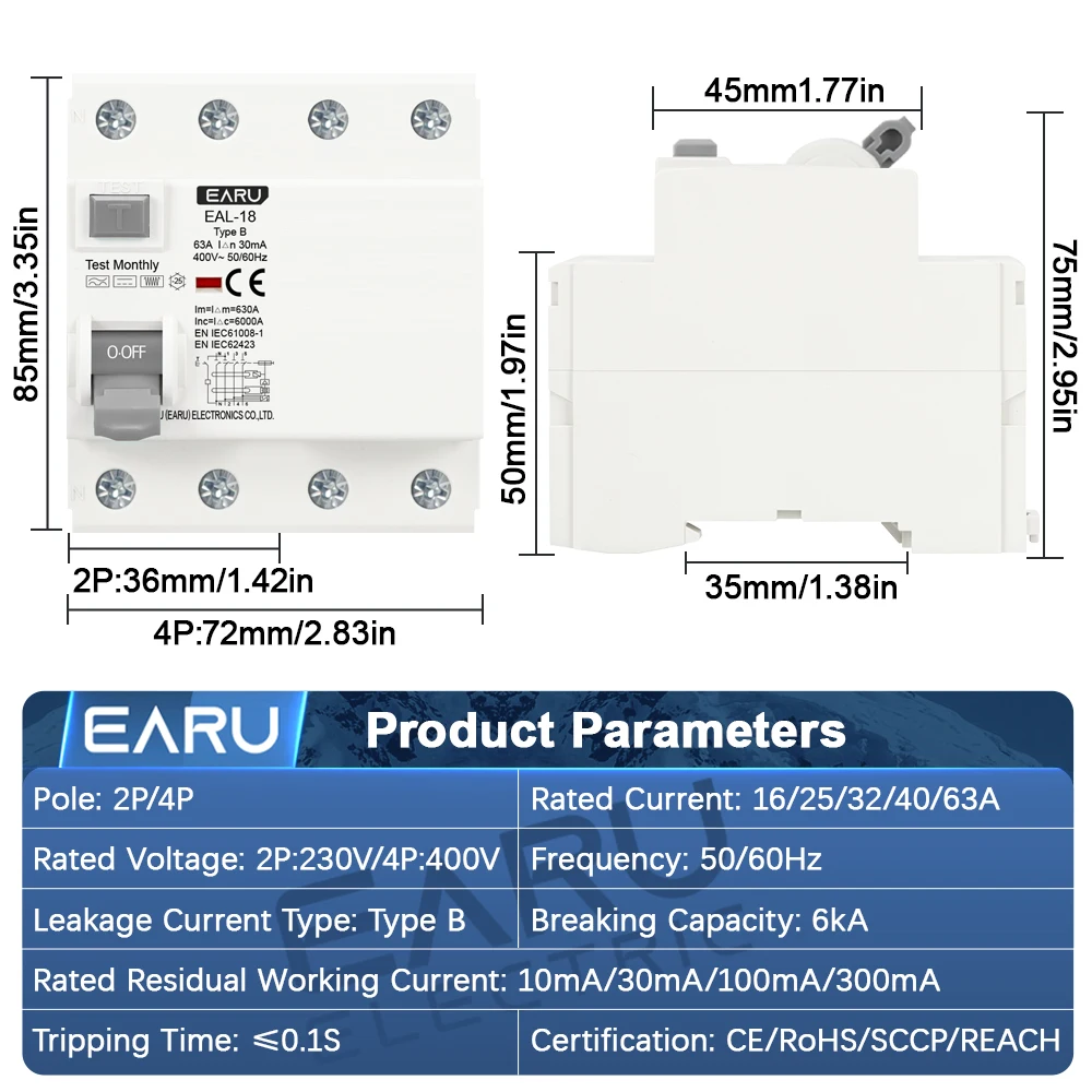 EARU 2/4P 10/30/100/300mA 16-63A Type B RCCB RCD EV Charging Pile Electromagnetic Earth Leakage Residual Current Circuit Breaker