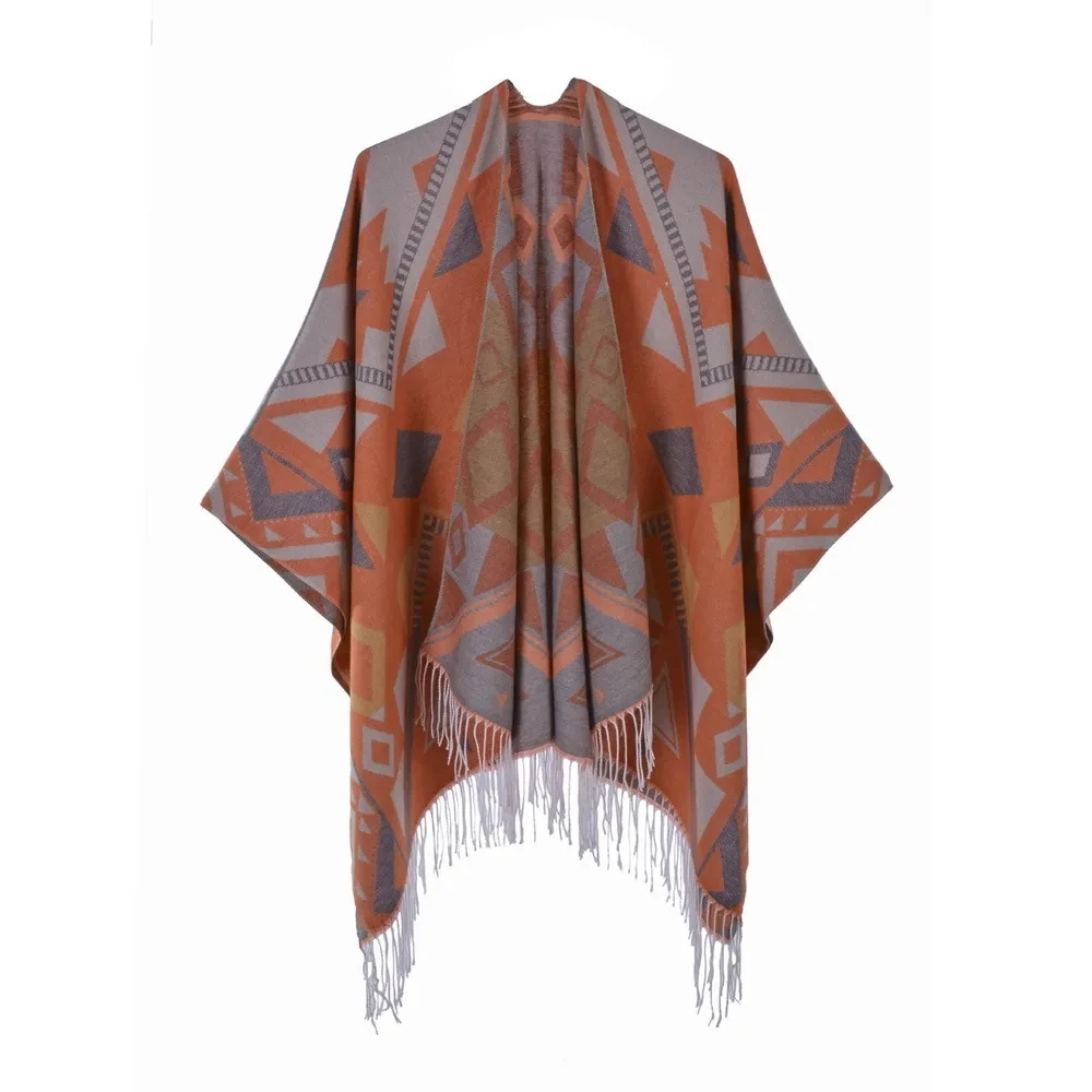 

Autumn Winter Geometric Pattern Knitted Tassels Shawl Women Warm Imitation Cashmere Poncho Lady Capes Orange Cloaks