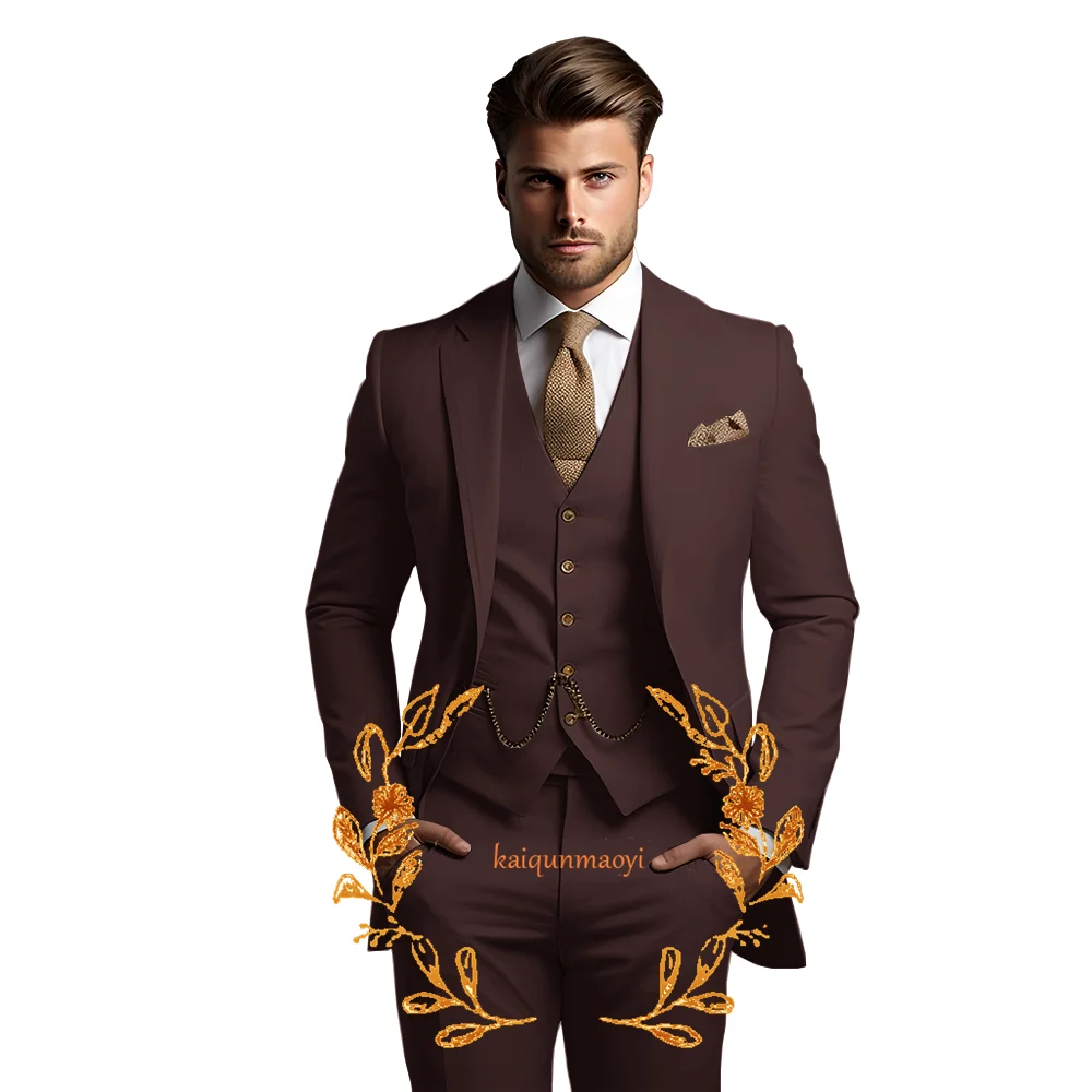 Men\'s Beige Suit (Jacket + Vest + Pants) Elegant Style High-quality tailor-made Dress for Wedding Tuxedo
