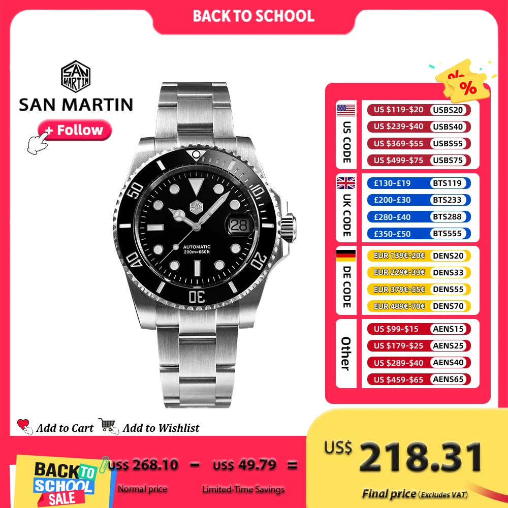 San Martin Watch New Upgraded Sub Men PT5000 ST2130 Automatic Diving Watches with Ceramic Bezel 200m Waterproof Sapphire SN0017G
