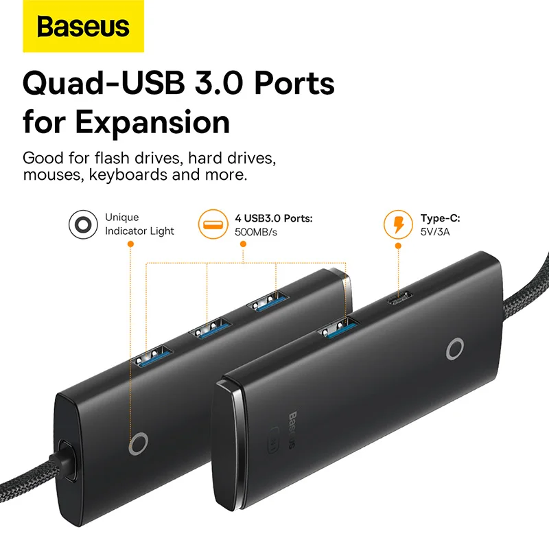 Baseus Lite Series 4-Port USB-A USB-B Type-c HUB Adapter (USB-A to USB 3.0*4) 25cm