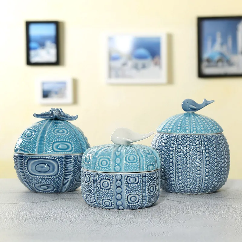 Mediterranean Ceramic Storage Tank Cosmetic Storage Box Kitchen Sealed Storage Tank Snack Tank Home Decoration Ornaments Gift