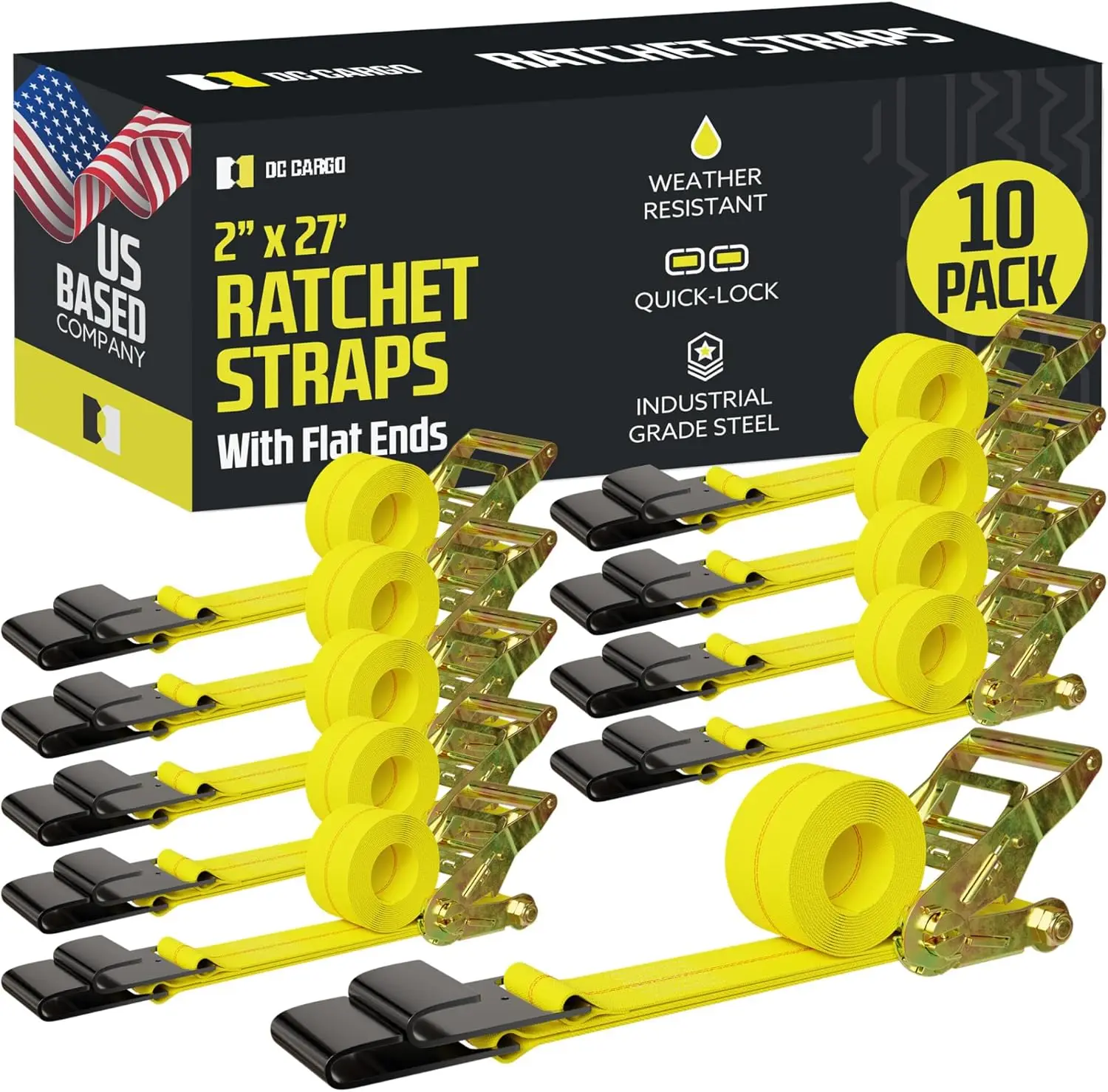 

Cargo Tie-Down Ratchet Straps Heavy-Duty Flats Hook Trailer Strap, (Pack of 10) Heavy Duty 2" x 27' Tie-Down Ratcheting Cargo