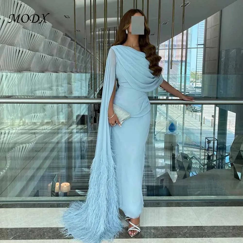 

MODX Elegant Light Blue Feather Cape Dress One Shoulder Custom Formal Gown Dubai Style Evening Party Wedding Guest Outfit