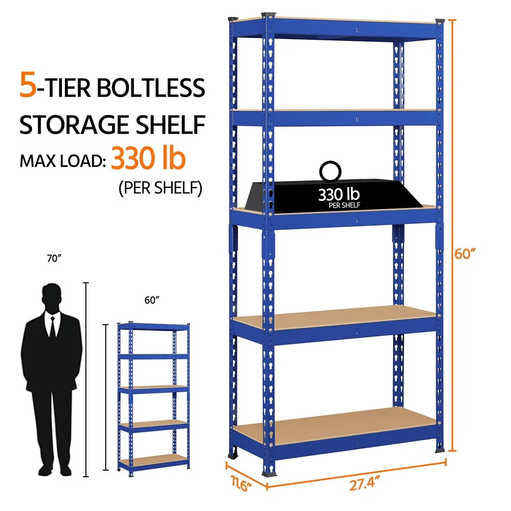 5 Shelf Boltless Adjustable Steel Storage Shelf Unit Blue Holds Up To 330 Lb Per Shelf Iron Frame with Powder Coated