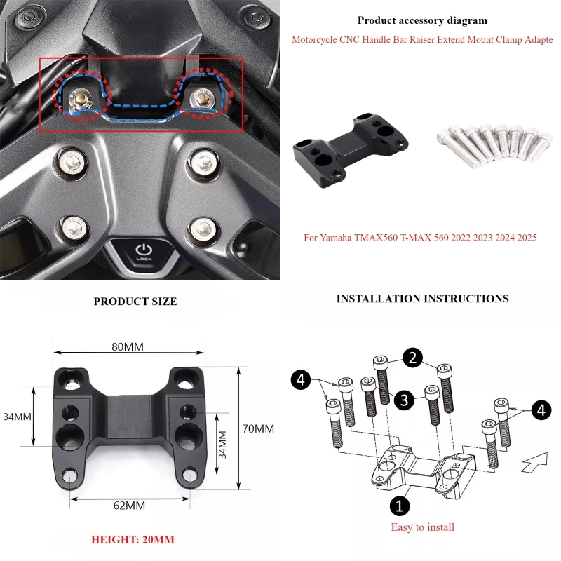

Motorcycle CNC Handle Bar Raiser Extend Mount Clamp Adapte For Yamaha TMAX560 T-MAX 560 Upper Riser Clamp Handlebar Riser Kit