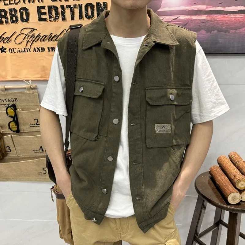 

US Vintage Denim Vest for Men Autumn Winter Utility Coat Layering Jacket with Multiple Pockets Rugged Fashion Accessory