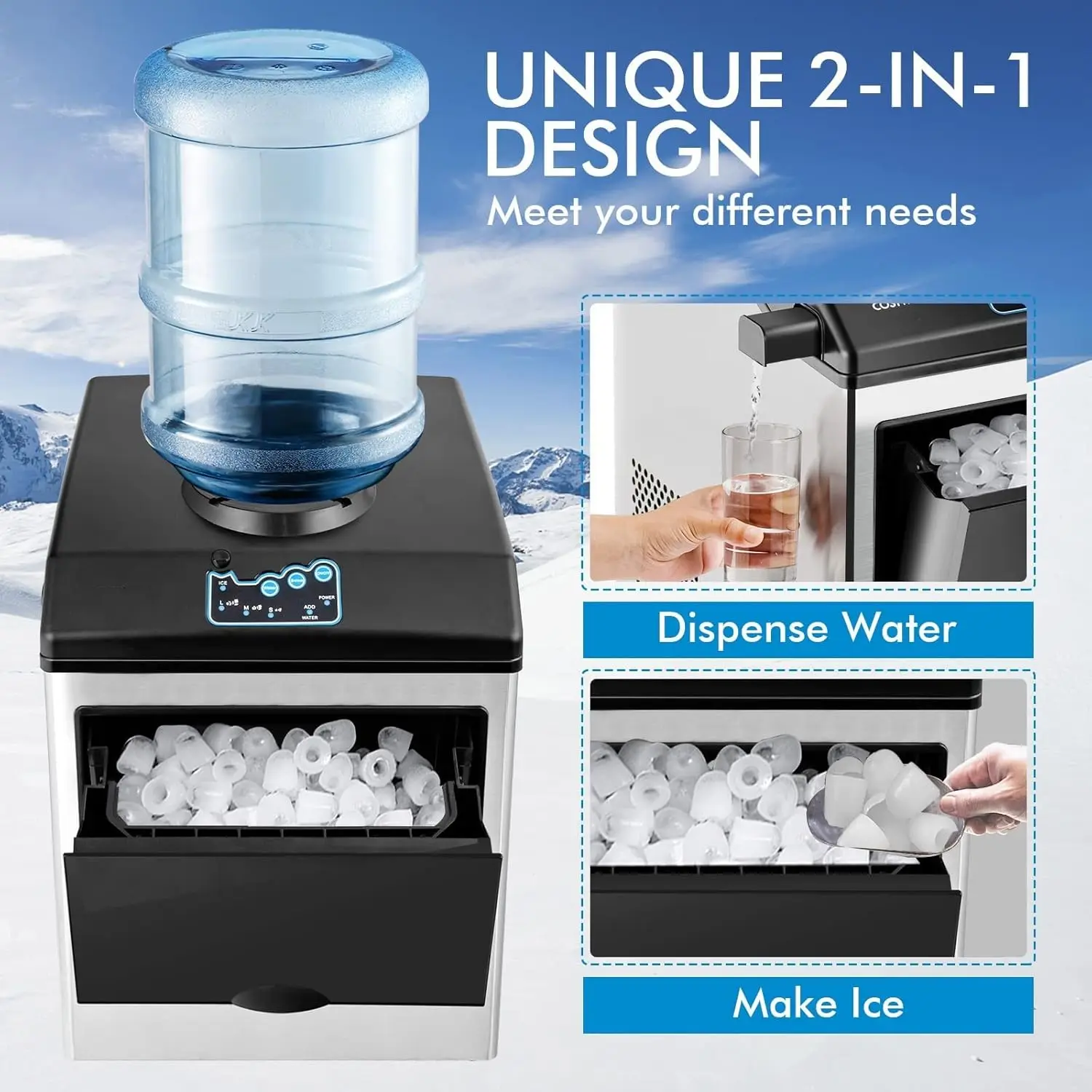 Maker Machine with Water Cooler Dispenser Combo, 48LBS/24H, S-M-L 3 Sizes Bullet Ice, Fast 6 Mins, 5LBS Ice Storage Basket, 2 Wa