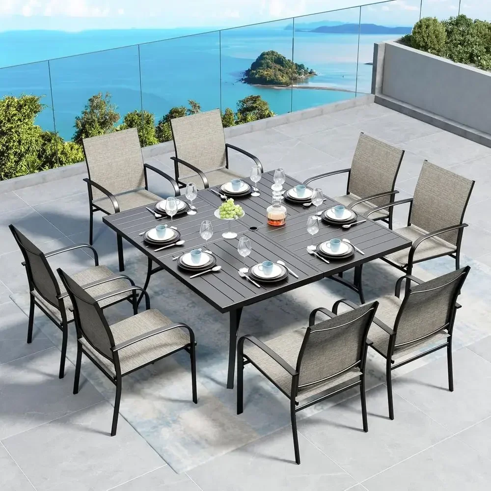 Outdoor Patio Dining Set: 8 Durable Brown Chairs with 60 Square Metal Table and Umbrella Hole