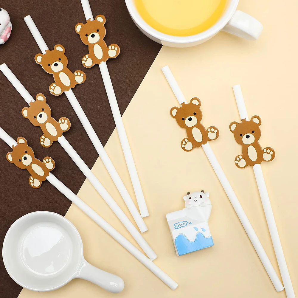 10/20/30Pcs Teddy Bear Paper Straws Cute Brown Bear Disposable Drinking Straw for Birthday Baby Shower Party Decoration Supplies