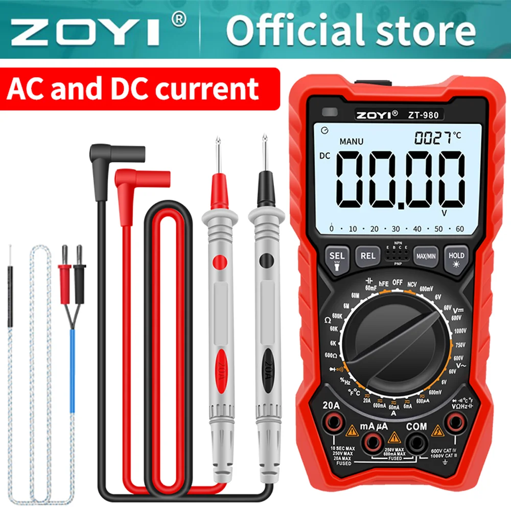 

ZOYI ZT-980 Professional Digital Multimeter AC/DC Votage Tester NCV Detector Resistance tester Ohm Ammeter Capacitance TestMeter