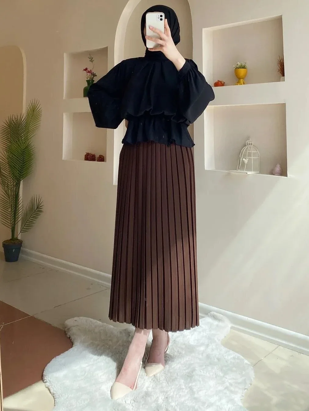 Women Eid Muslim Sets Blouse & Pleated Skirts Arab Two Pieces Dubai Musulman Ensemble Pleated Blouses Skirts Vestidos Islam 2024