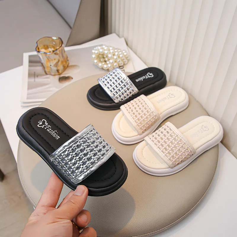 

2026 Summer Girls' Woven Flat Sandals, Korean Style Platform Slide Sandals for Outdoor, Fashion Versatile Thick Sole Toddler