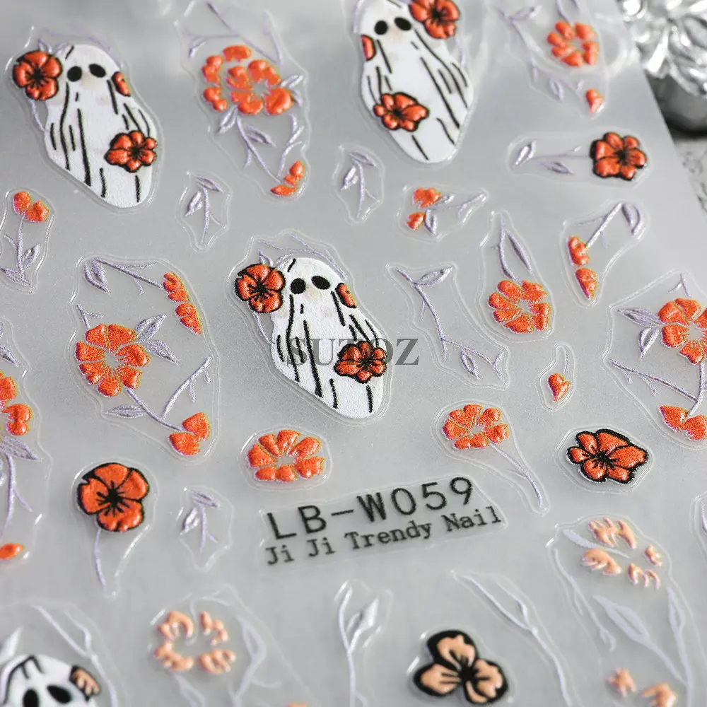 5D Flower Ghost Nail Stickers Spooky Halloween Decoration Cute Daisy Skull Sliders Fruit Spider Charms Manicure Decal LEBLB-W059