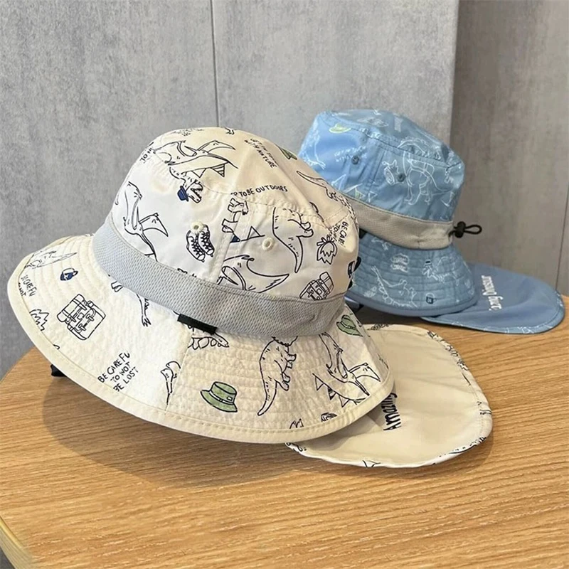 

UV Protection Kids Shawl Cap Summer Quick Drying Fisherman Hat 1-4Year Children Sunshade Visors Dinosaur Print Baby Sun Hats